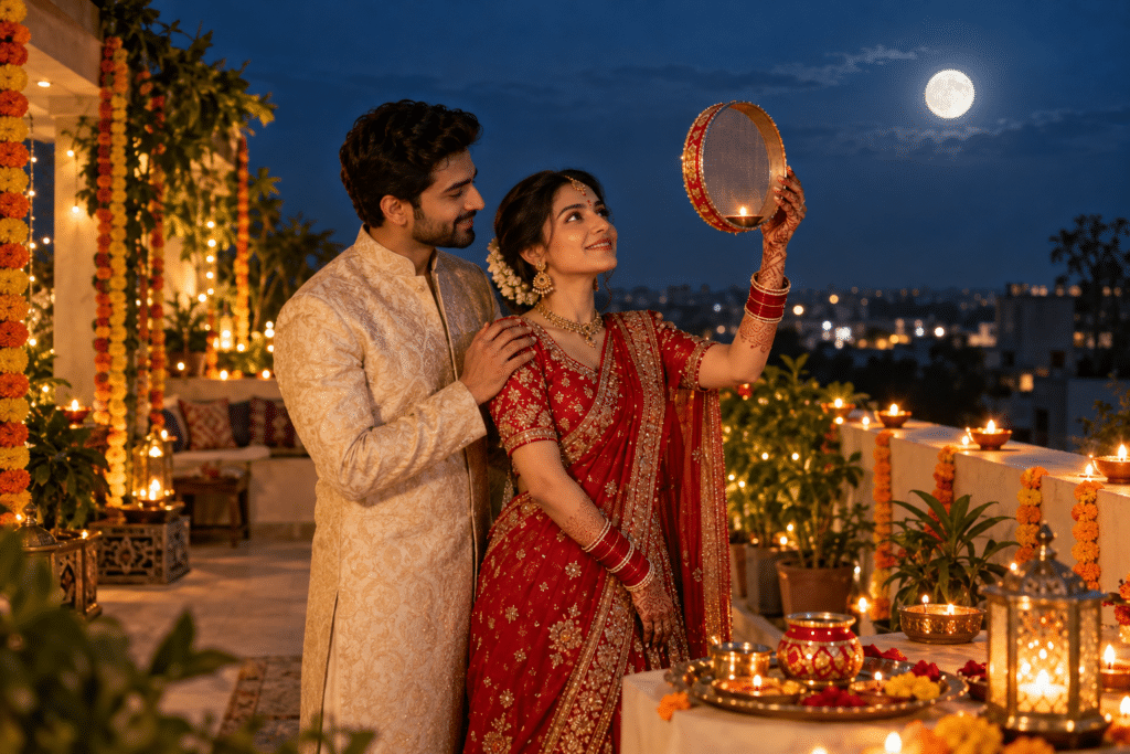 A newlywed couple celebrating their first Karwa Chauth together at moonrise