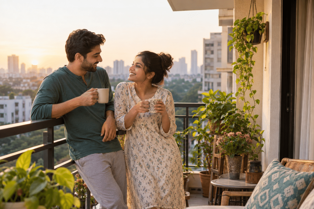 A couple sharing morning chai and a quiet conversation on their balcony
