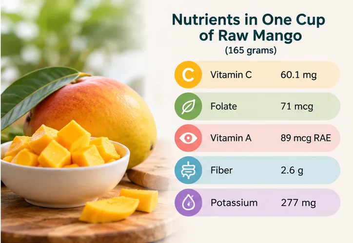 Nutrients in one cup of raw mango: vitamin C, folate, vitamin A, fiber, and potassium
