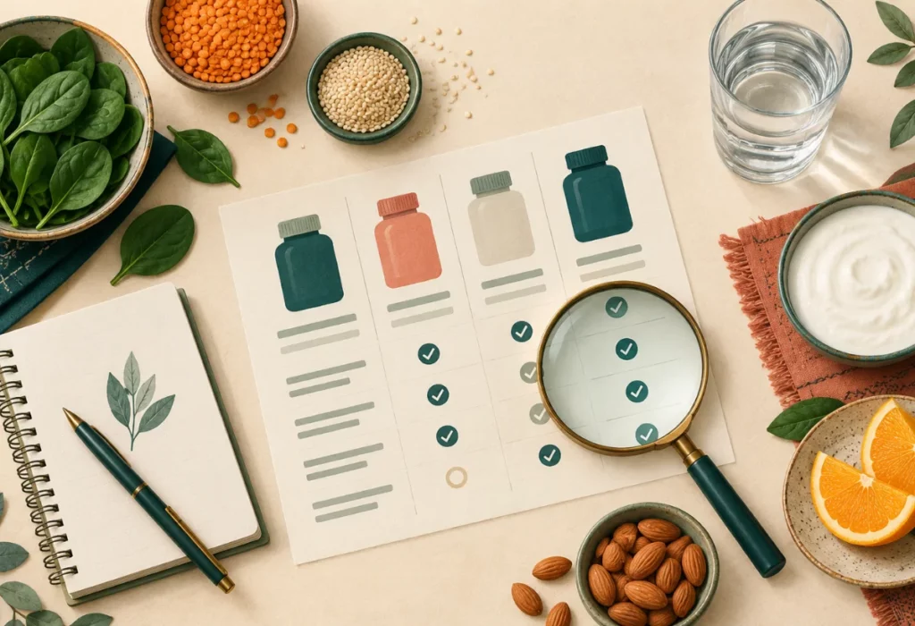 Unbranded multivitamin bottles compared beside Indian foods and a label checklist