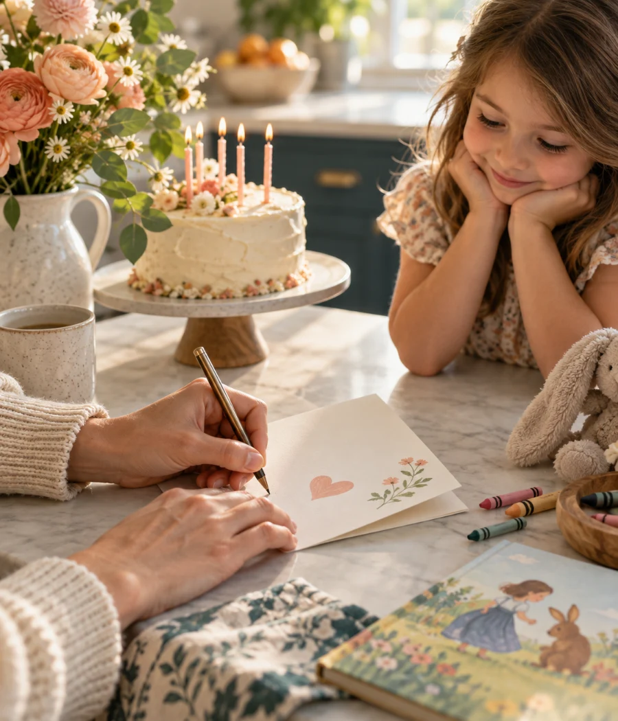 A birthday card being written beside a young girl and her cake.