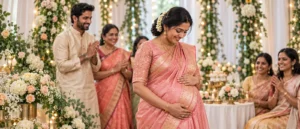 Baby shower portrait with an expectant mother in a pink saree and her family