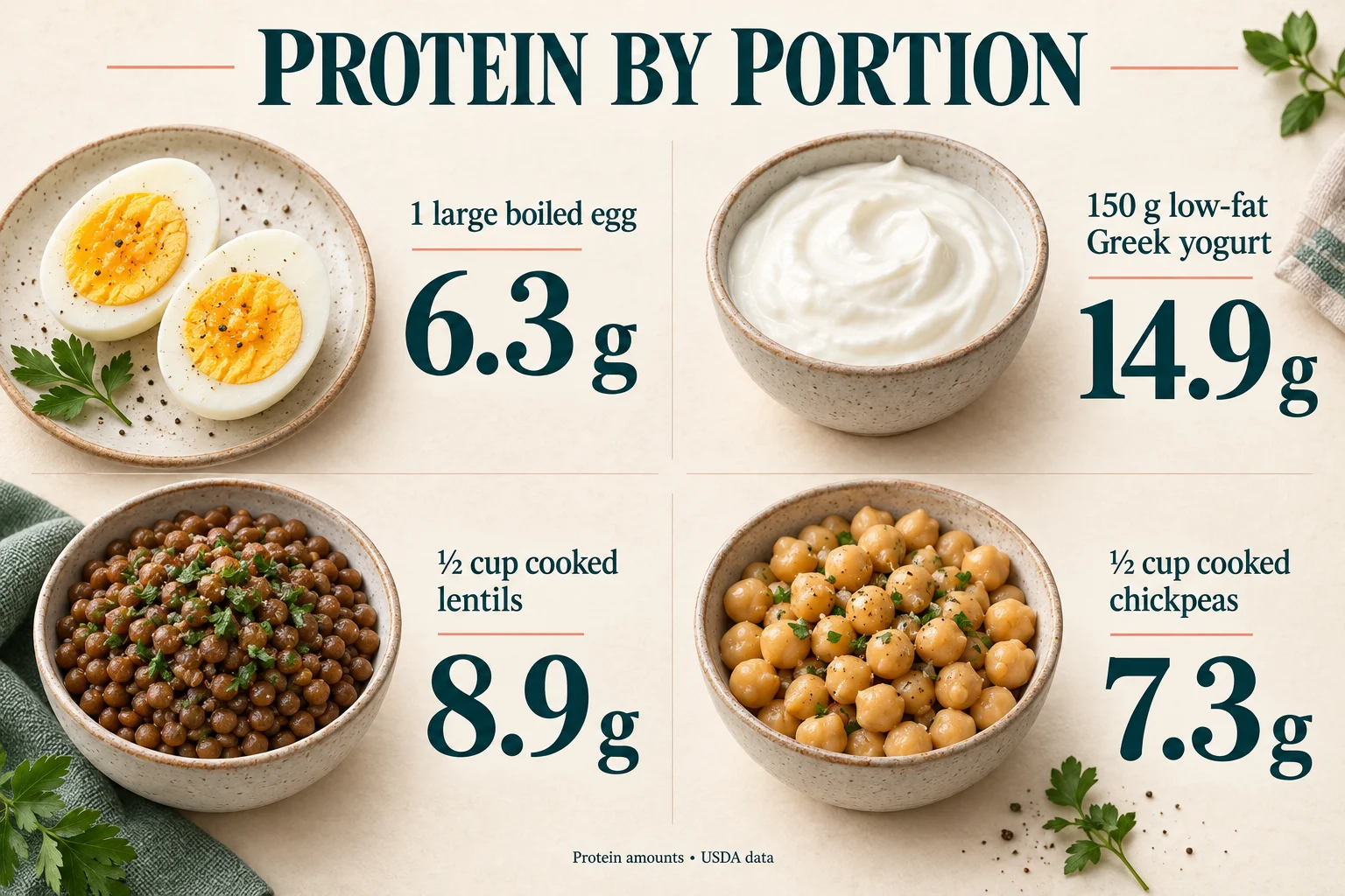 Protein by portion: large boiled egg 6.3 g; 150 g low-fat Greek yogurt 14.9 g; half cup cooked lentils 8.9 g; half cup cooked chickpeas 7.3 g.