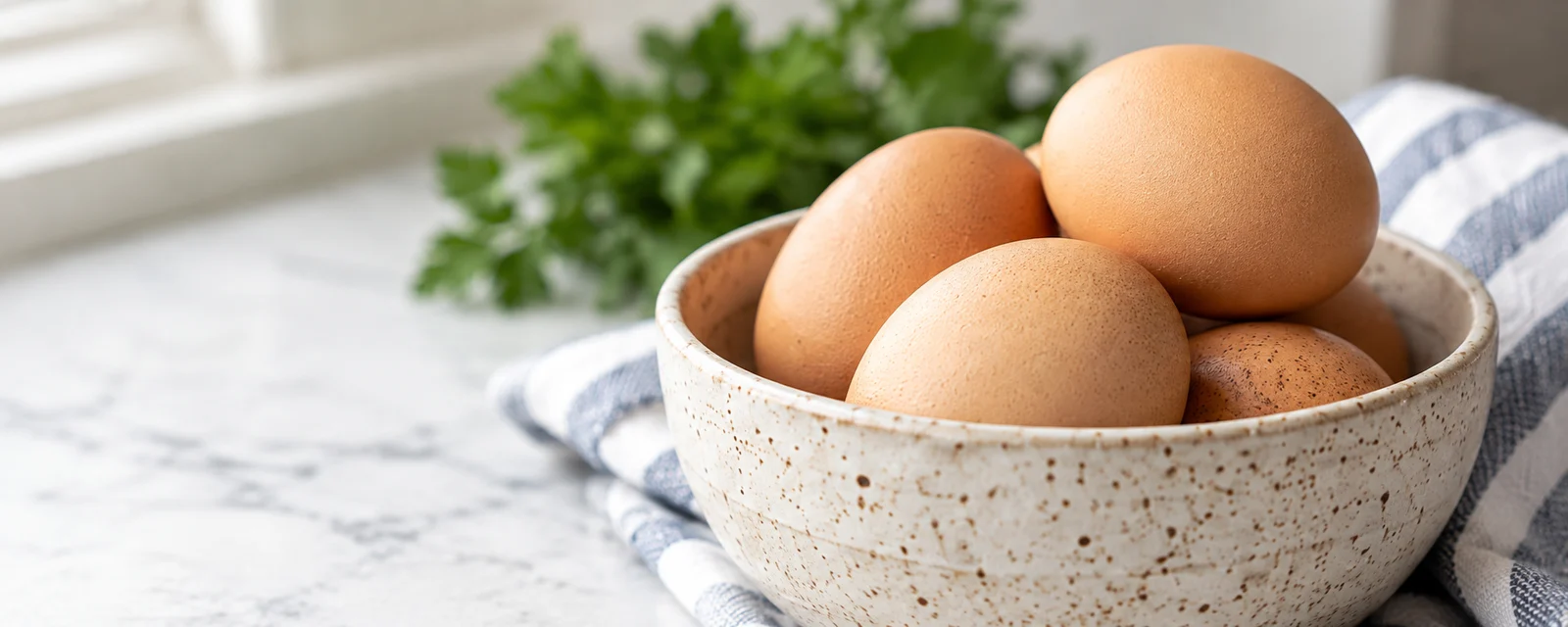 Brown eggs in a speckled ceramic bowl beside linen and herbs.