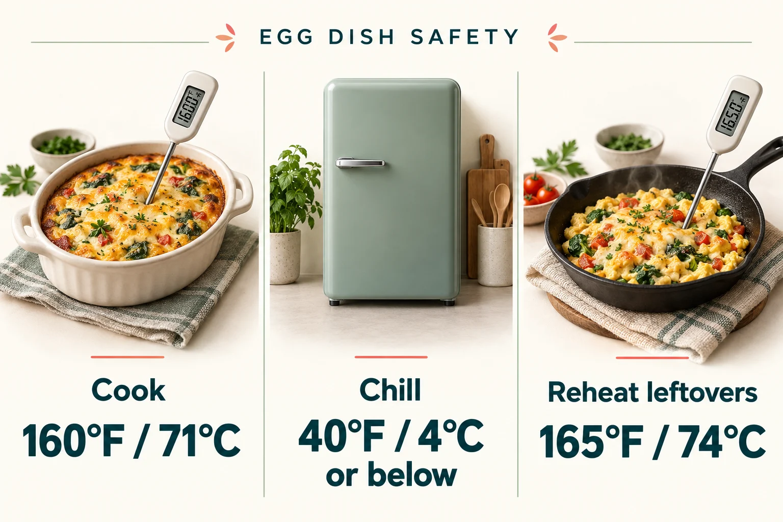 Egg dish safety: cook to 160°F (71°C), chill at 40°F (4°C) or below, and reheat leftovers to 165°F (74°C).
