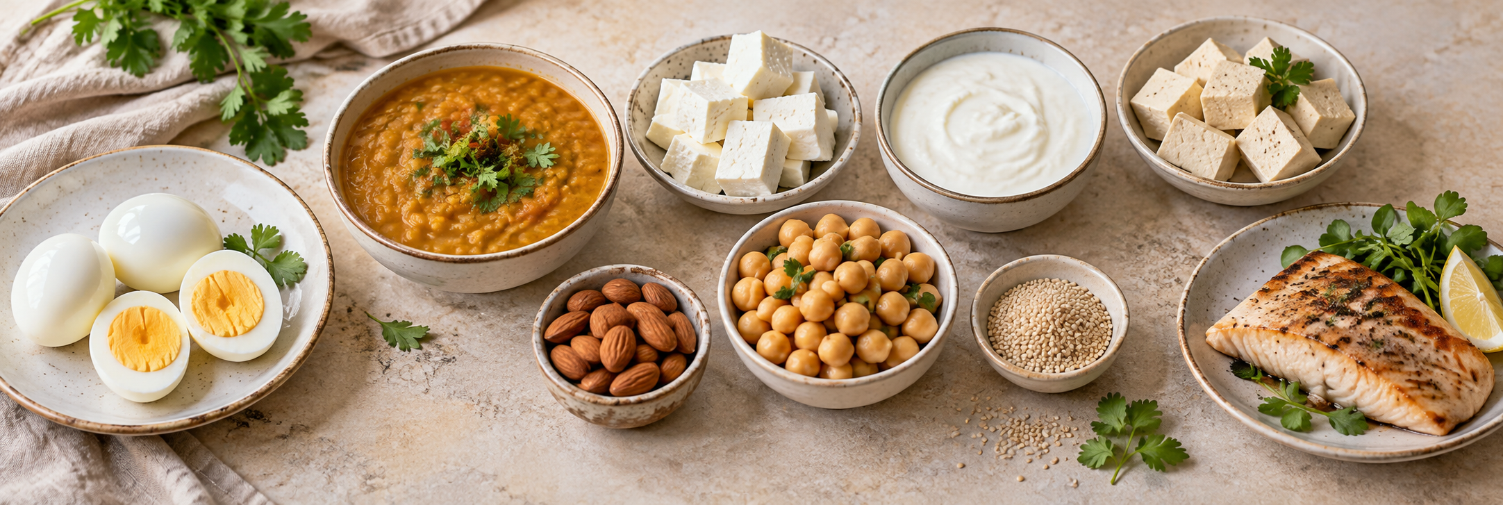 Cooked eggs, dal, paneer, curd, tofu, chickpeas, almonds, sesame, and cooked fish arranged on a table