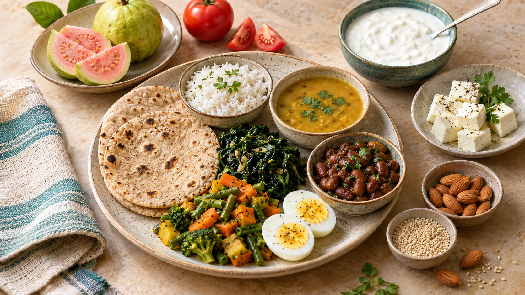 A varied Indian meal with roti, rice, dal, beans, cooked vegetables, egg, curd, paneer, fruit, almonds, and sesame