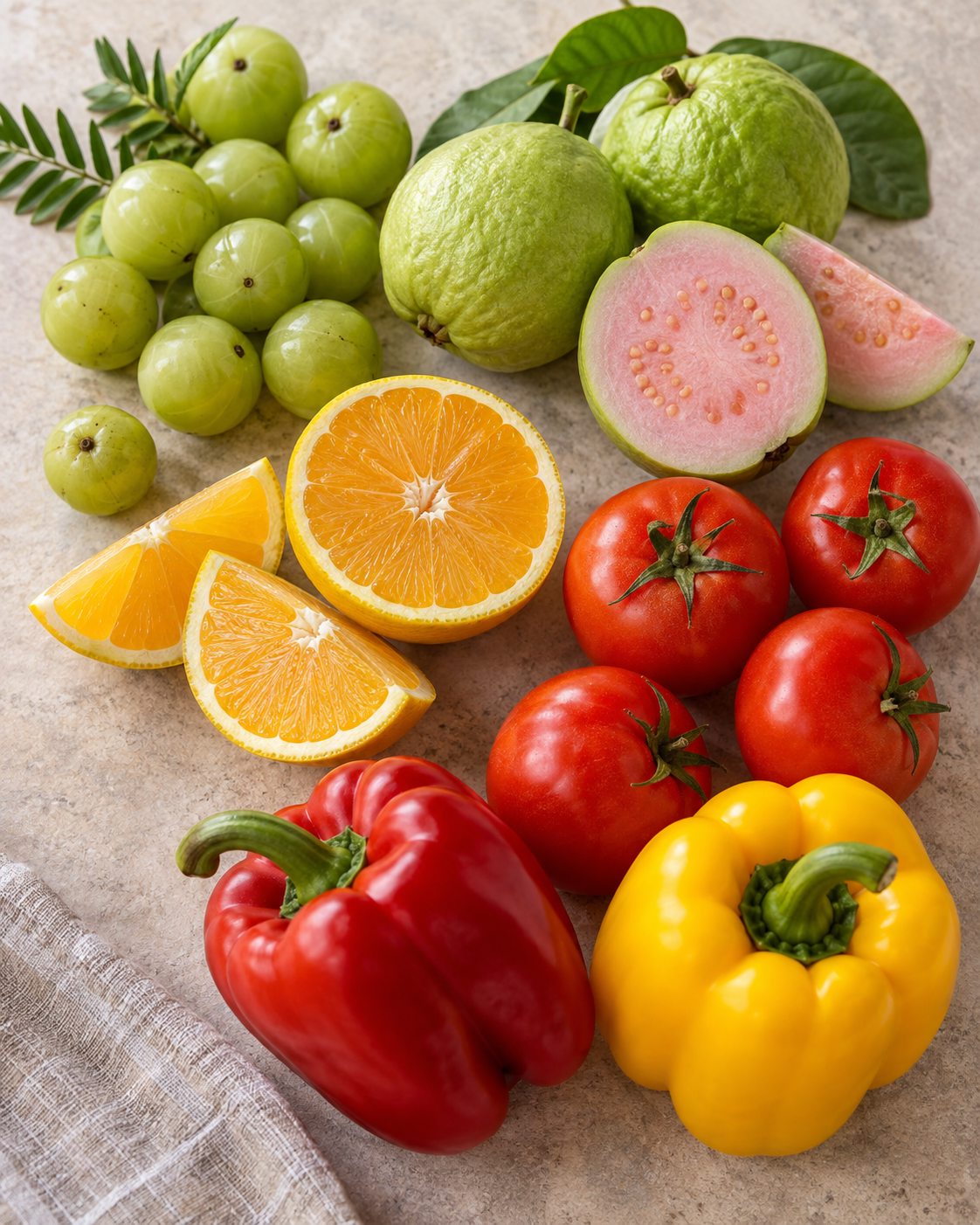 Fresh amla, guava, oranges, tomatoes, and red and yellow bell peppers arranged on a warm stone surface