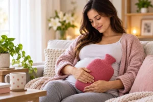 Pregnant woman holding a covered hot water bottle while resting at home