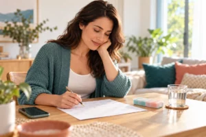 Woman reviewing her calendar and medicine organizer during the two-week wait after IUI