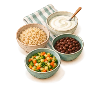 Illustration of cooked rice, beans, soft vegetables and plain yogurt in bowls