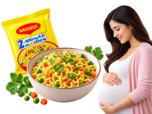 Pregnant woman beside a Maggi packet and a bowl of vegetable noodles