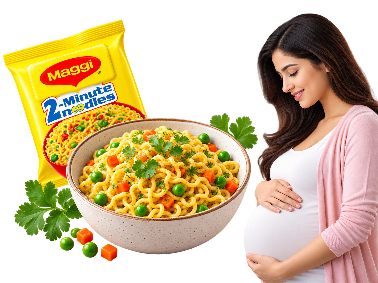 Pregnant woman beside a Maggi packet and a bowl of vegetable noodles