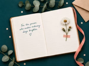 Open celebration notebook with flowers, eucalyptus, and coral ribbon