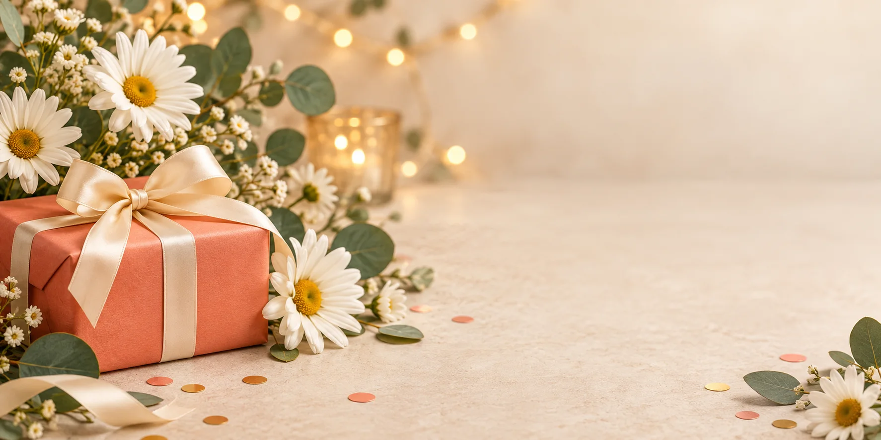 Daisies, a coral birthday gift, and warm celebration lights