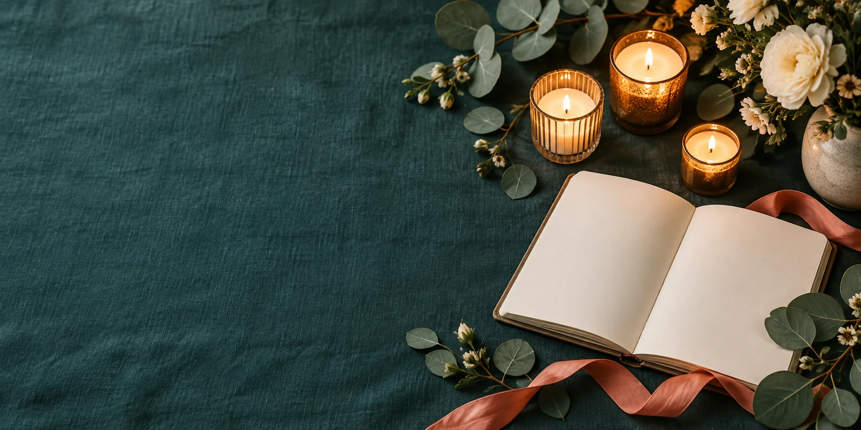 Eucalyptus, candles, flowers, and an open journal for a milestone birthday