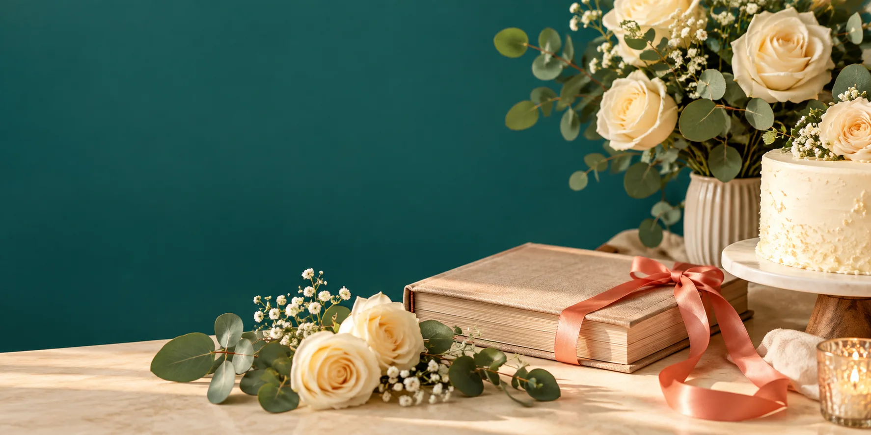 Cream roses, birthday cake, album, and coral ribbon