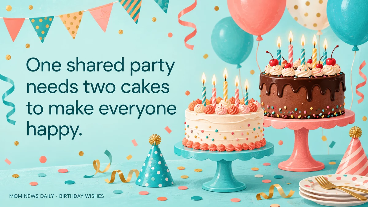 Two birthday cakes, party hats, balloons, and a funny shared birthday message