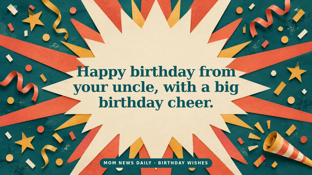 Bold confetti birthday graphic with a cheerful message from an uncle to his niece.